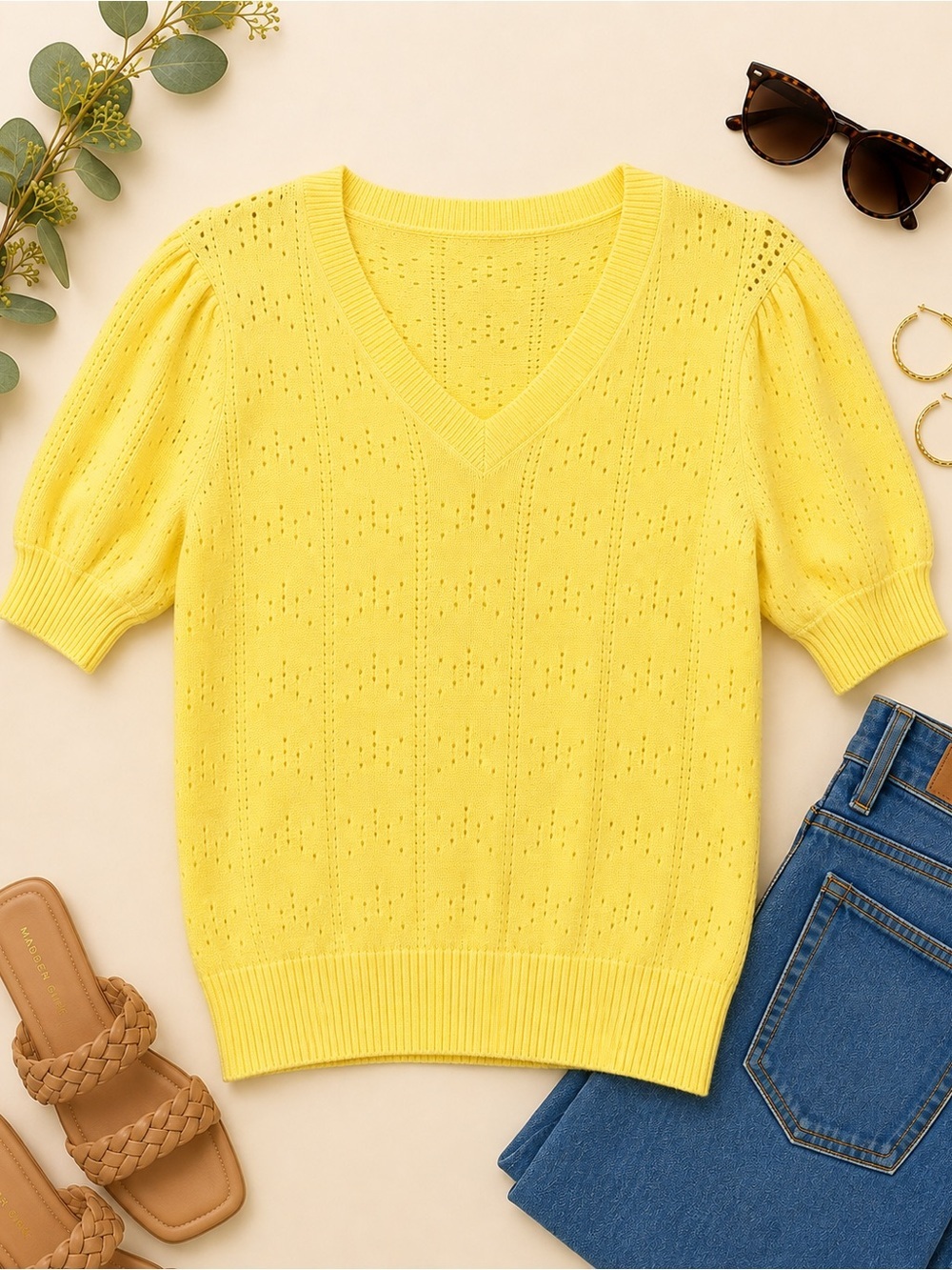 Yellow Pointelle Knit Puff Sleeve V Neck Sweater Top Medium